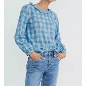 Madewell Ruffle-Neck Top Colwell Plaid long Sleeve button front XS Western NWT